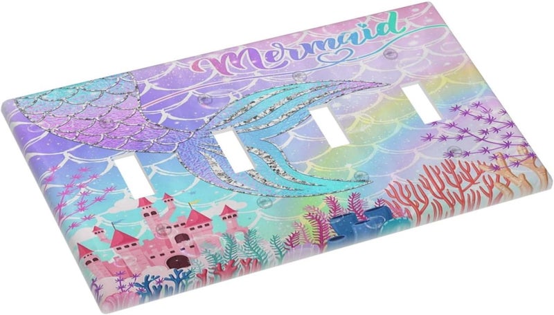 Sghxwp Silvery Glitter Cute Mermaid Tail Fantasy Castle Quad Toggle Light Switch Covers 4 Gang Wall Plate Decorative Switchplate Electrical Faceplate for Kidroom Nursery Bedroom Kitchen Decor - Image 3